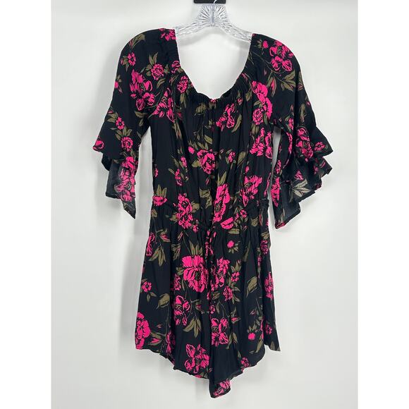 Express Women's Romper Size M Black and Pink Floral Ruffle Sleeve Boho Tie Waist - Picture 1 of 12